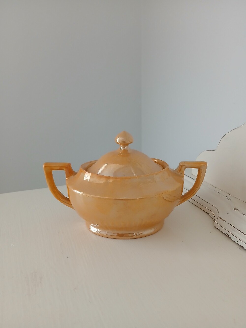 Antique 1920s Art Deco Peach Lustreware Lidded Sugar Bowl, Made in Germany